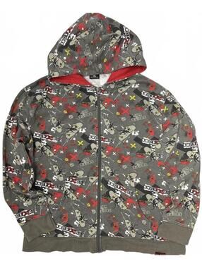 Y2K Skatelab Boy's L Zip Up hoodie Red Grey Skates Rats And Skulls Print